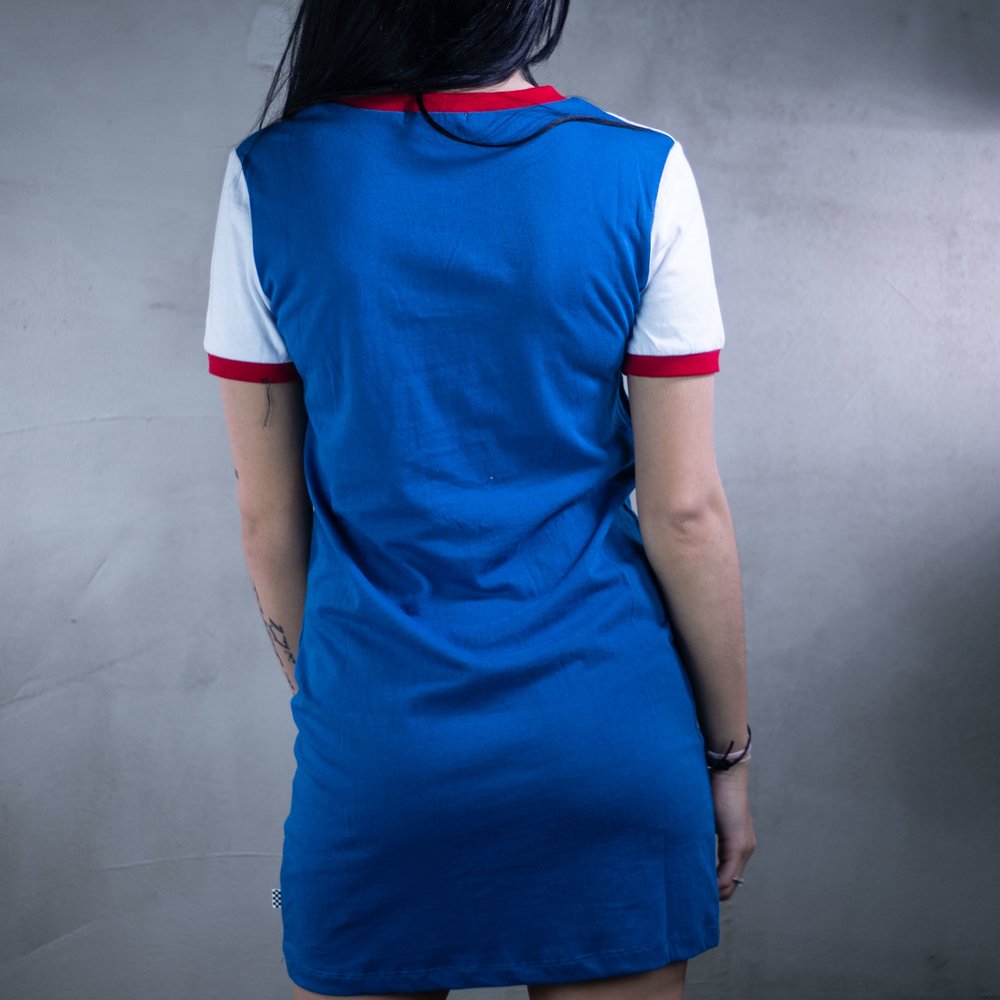 Damske modre tri kove aty Vans Inverce Dress s bielou vrchnou as ou kratkym rukavom a klasickym rovnym strihom VN0A3UNGUUC1